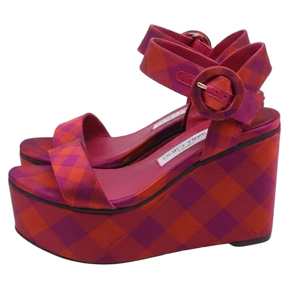 Jimmy Choo Check Wedge Sandals in Pink Cotton - Picture 4 of 9